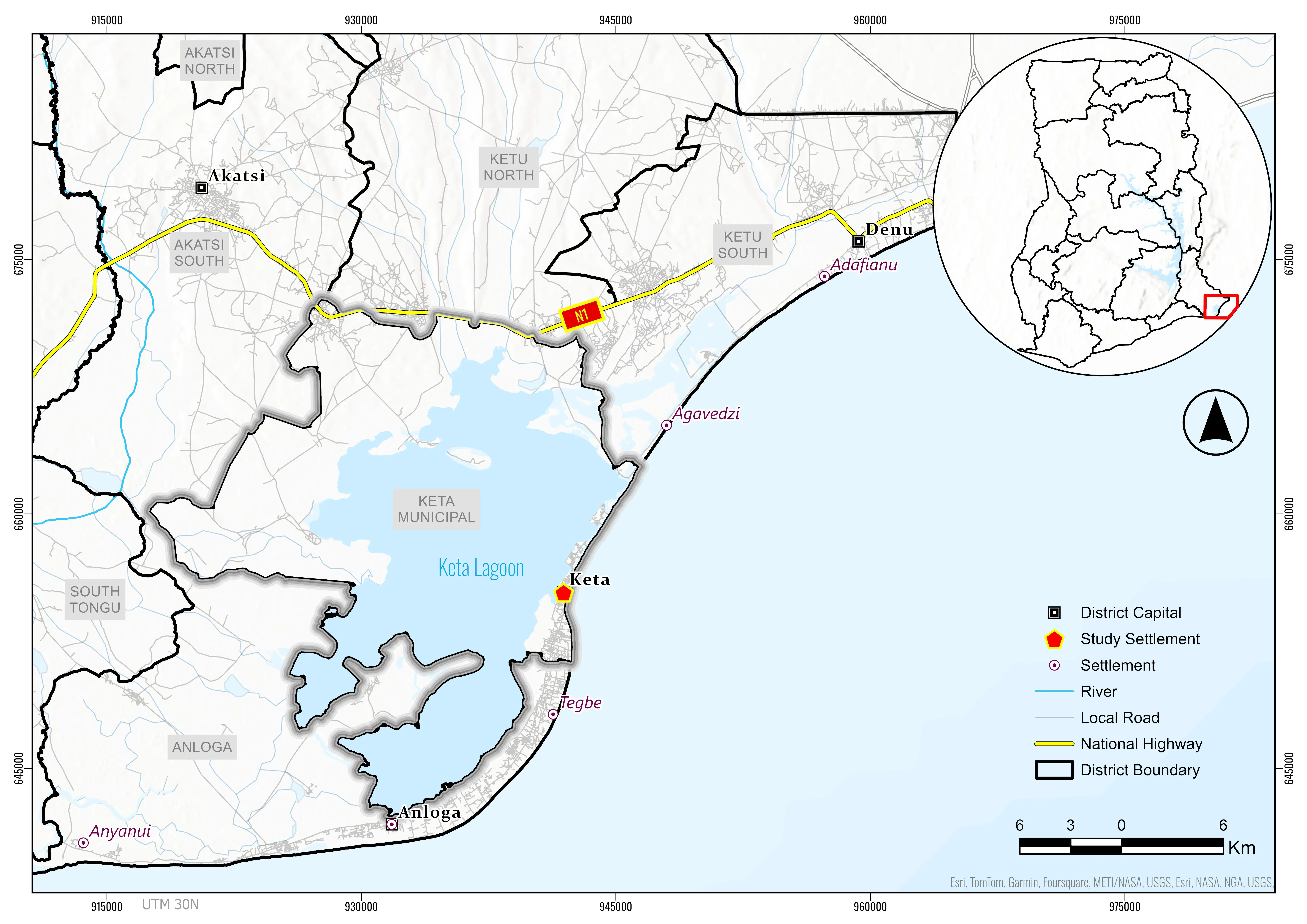 Map of the shoreline along Keta municipality, Ghana, with the coastline traced between the Atlantic Ocean and the Keta Lagoon Complex.