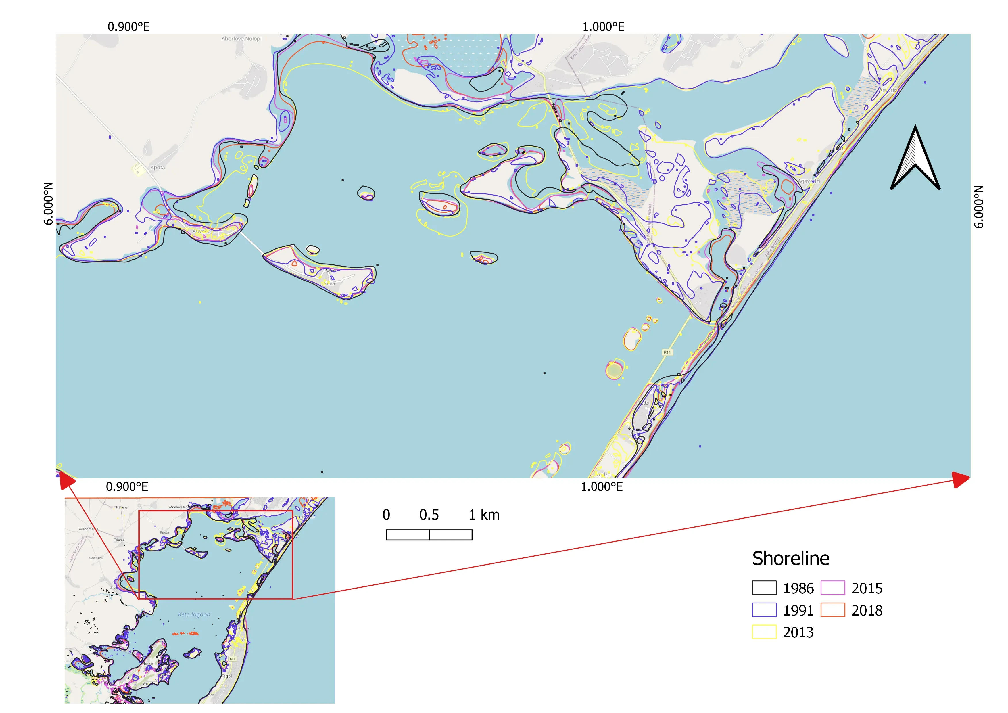 Map of the Keta lagoon with shoreline positions from 1986 to 2018 drawn as a series of coloured lines, showing how the coast has shifted over time.