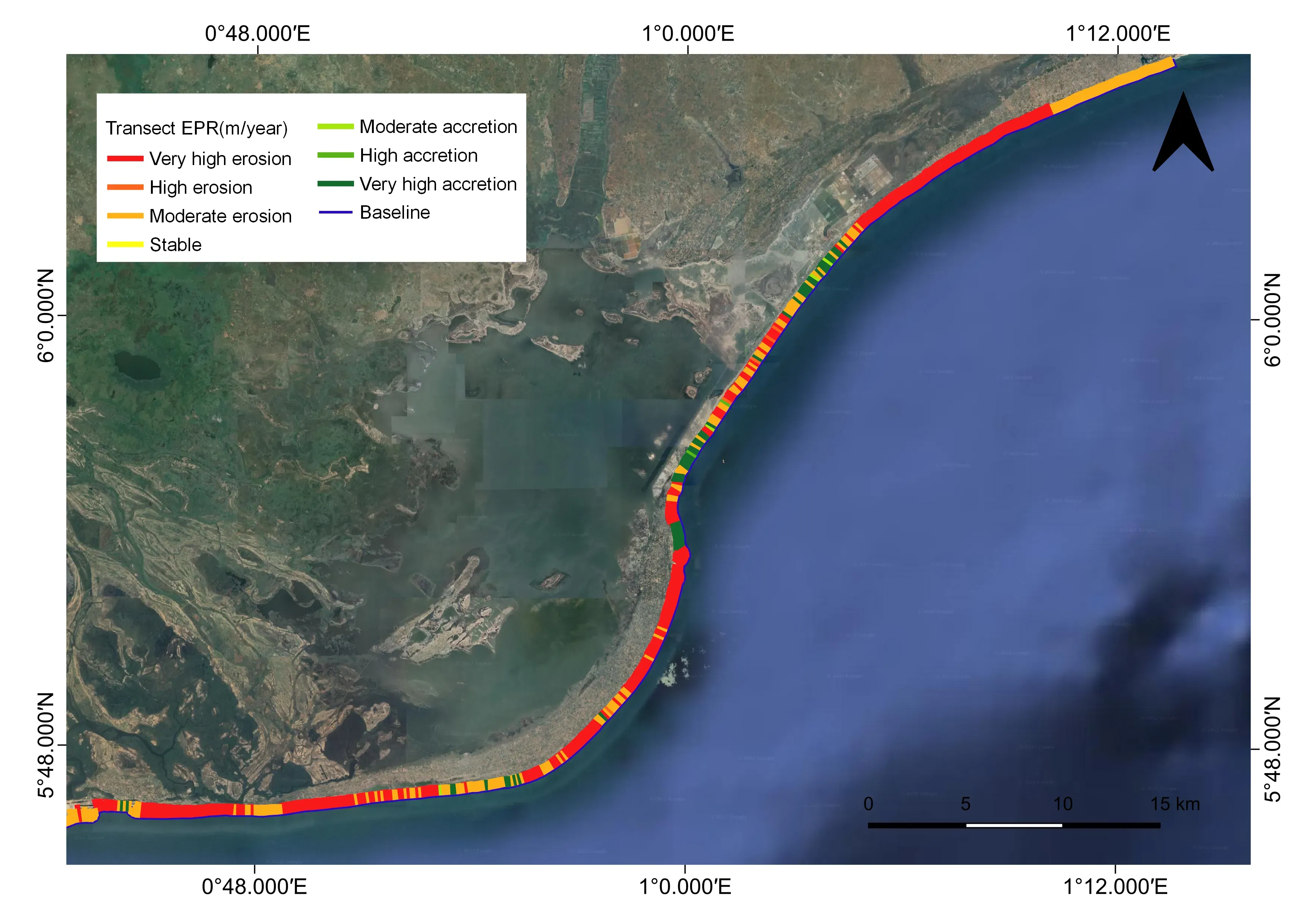 Map of the Ghanaian coast with shoreline segments colour-coded by category, separating stretches that are eroding from those that are accreting.