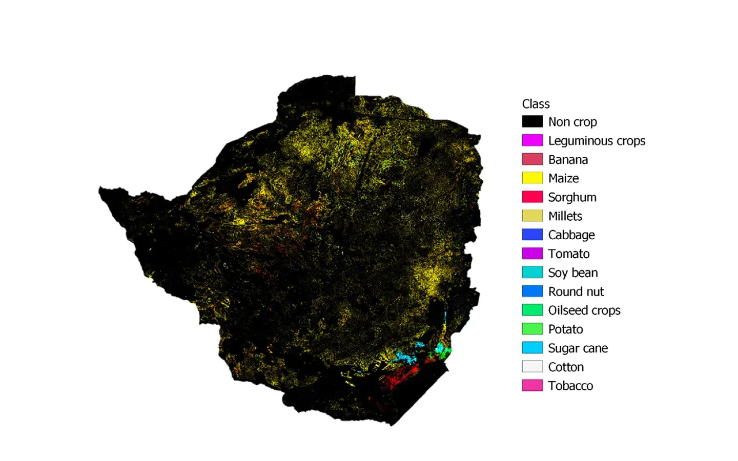 National-scale crop type map of Zimbabwe for the 2024 summer season, derived from Sentinel-2 imagery at 10 m resolution.