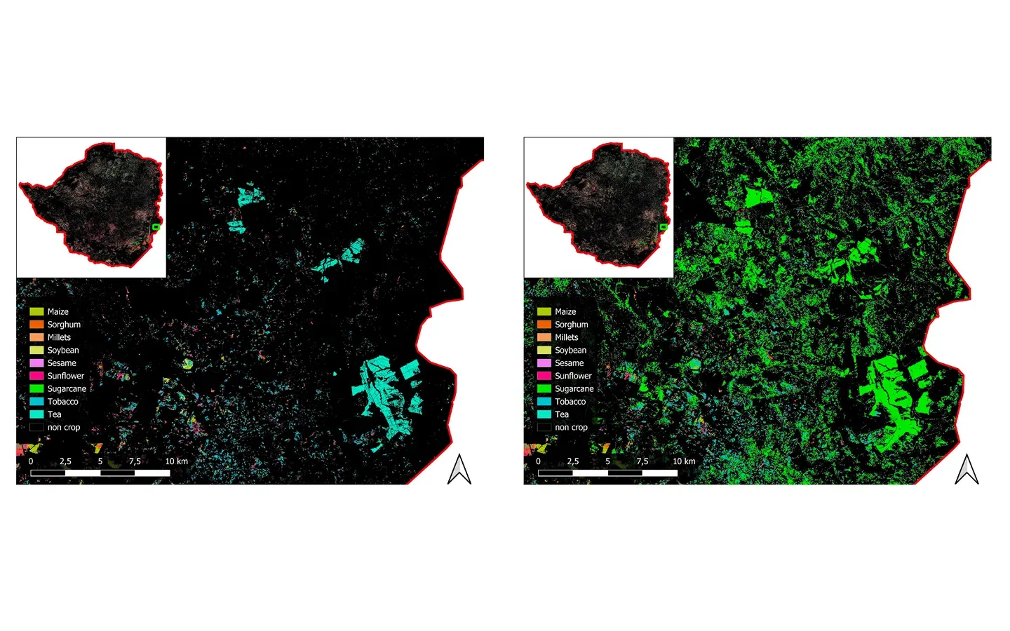 Side-by-side comparison of a single national classification model and an agro-ecological-zone-stratified model over Zimbabwe’s eastern highlands.
