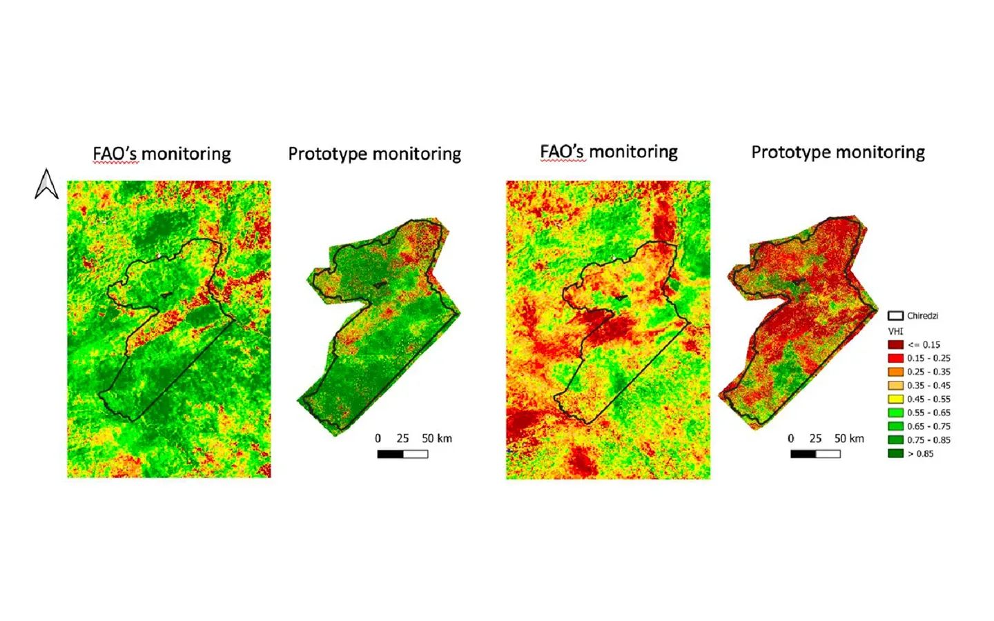 Comparison of the 1-km FAO Vegetation Health Index and the 10-metre high-resolution version over the same area.