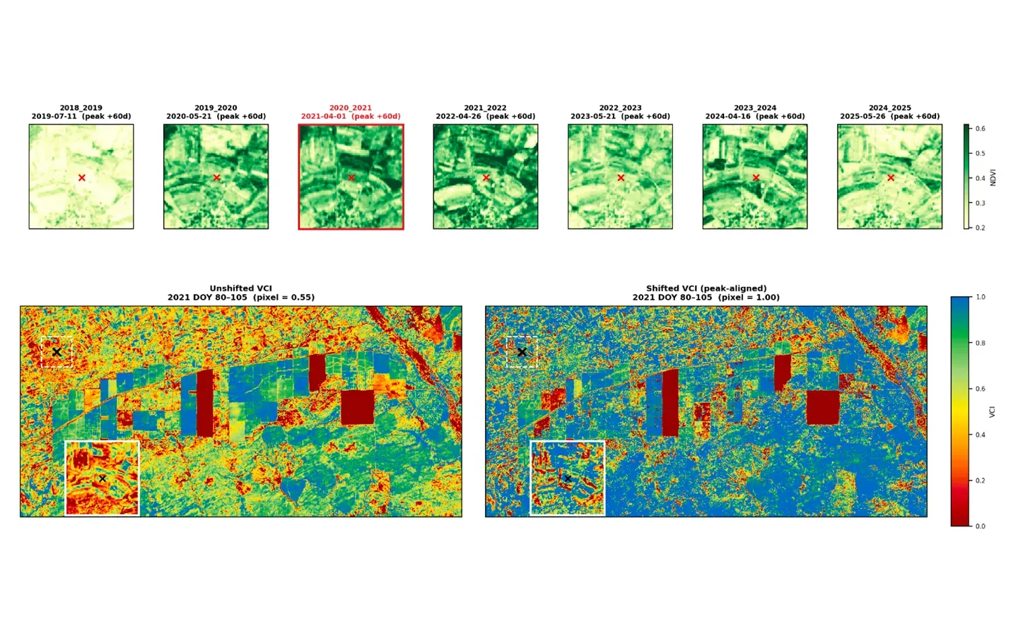 Two Vegetation Condition Index maps of the same area, one unshifted and one peak-aligned, showing markedly different stress patterns.
