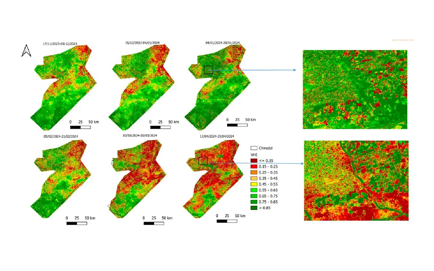 Time series of high-resolution Vegetation Health Index maps over Chiredzi district across the 2023-2024 drought season.